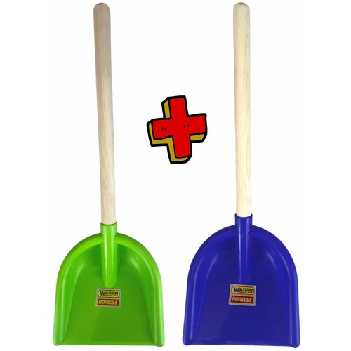 Лопата детская для снега и песка деревянный черенок без ручки набор из 2х штук зеленая и синяя 40,5 см