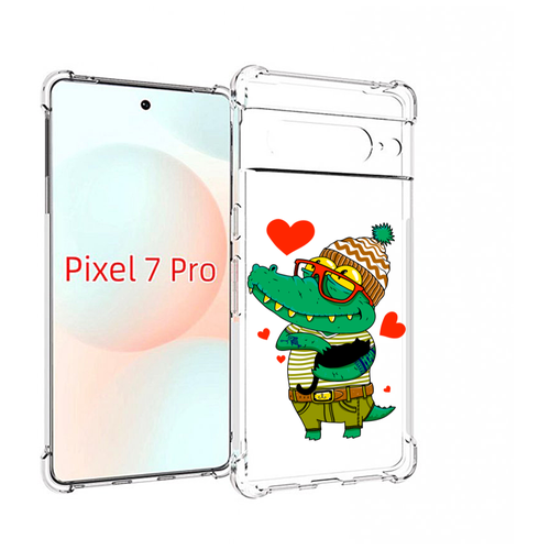 Чехол MyPads зеленый-крокодильчик-в-красной-оправе для Google Pixel 7 Pro задняя-панель-накладка-бампер