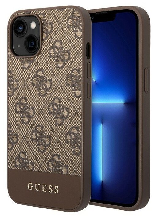 Guess Чехол Guess 4G Stripe Metal logo Hard для iPhone 14, коричневый