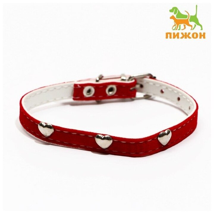 Ошейник для собак Пижон бархатистый с сердечками, 32,5х1 см, текстиль и кожзам, красный