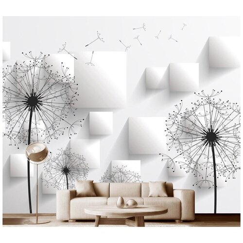 Фотообои на стену флизелиновые Модный Дом Одуванчики с белыми квадратами 350x290 см (ШxВ), в спальню, гостиную