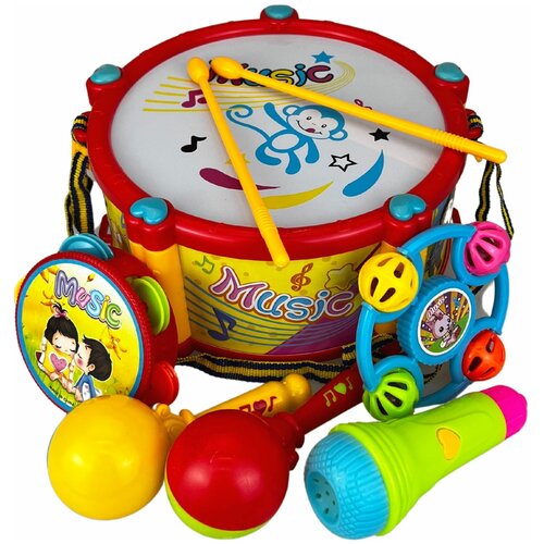 фото Музыкальные инструменты, детский барабан красный, бубен, маракасы, микрофон, игрушечный музыкальный набор для малышей d23 ярик