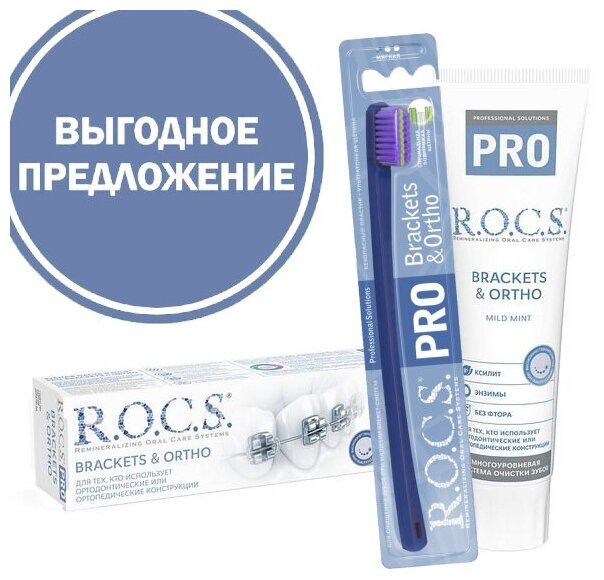 Набор R.O.C.S. PRO Brackets&Ortho зубная щетка + паста, 100 мл