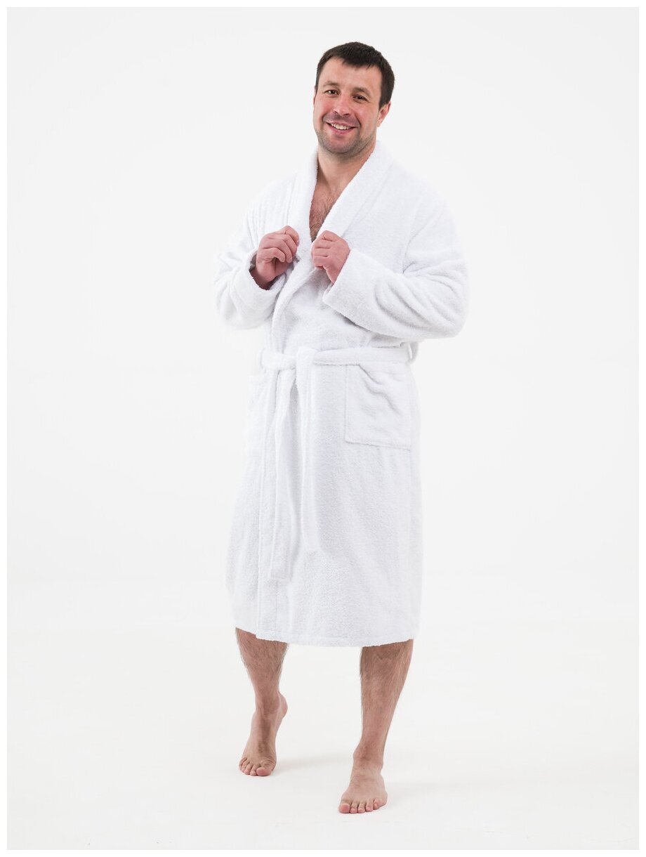 Халат махровый мужской BIO-TEXTILES 44-46 белый домашний хлопок с запахом банный больших размеров с воротником длинный в подарок для дома бассейна - фотография № 5