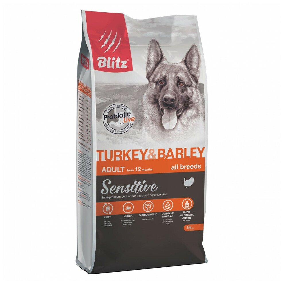 Blitz Sensitive Adult Turkey & Barley сухой корм для взрослых собак с индейкой и ячменем - 15 кг