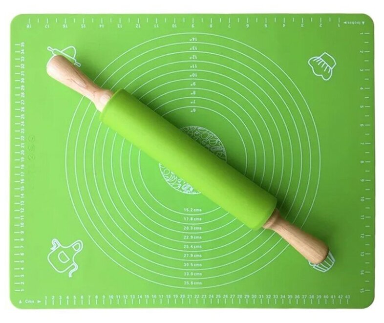 Подарочный набор для женщин силиконовый коврик большой 65 х 45см, скалка силиконовая 44 см(Зеленый)