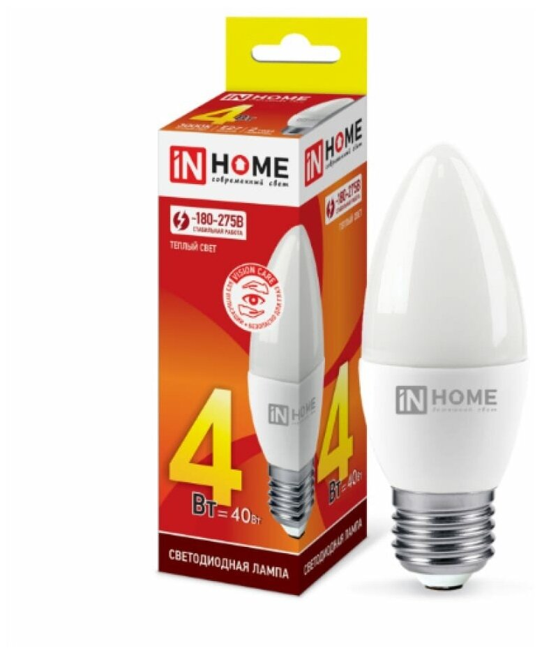 Светодиодная лампа IN HOME LED-СВЕЧА-VC 4Вт, 230В, Е27, 3000К, 360Лм 4690612030111