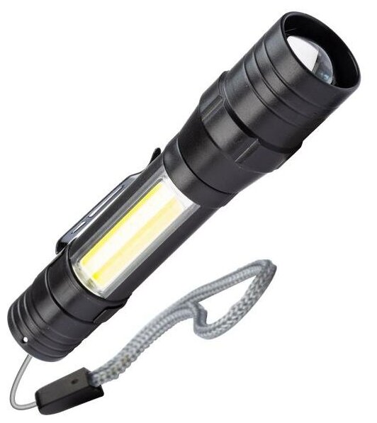 Фонарь аккумуляторный ручной LED 1Вт + COB 5Вт линза зум аккум. Li-ion 18650 1А. ч USB-шнур ABS-пластик | код. KOS113Lit | космос (20шт. в упак.)