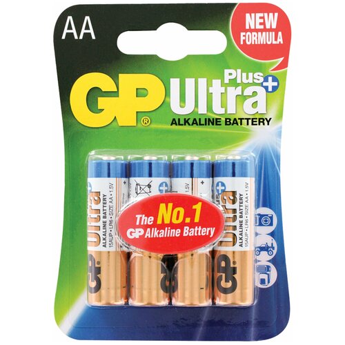 Батарейки комплект 4 шт, GP Ultra Plus, AA (LR06, 15А), алкалиновые, пальчиковые, блистер, 3 уп. батарейки gp super aa lr6 15а алкалиновые пальчиковые комплект 4 промо 3 1 5 шт