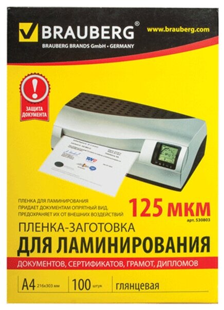 Пакетная пленка для ламинирования BRAUBERG Пленки-заготовки А4 125 мкм 530803