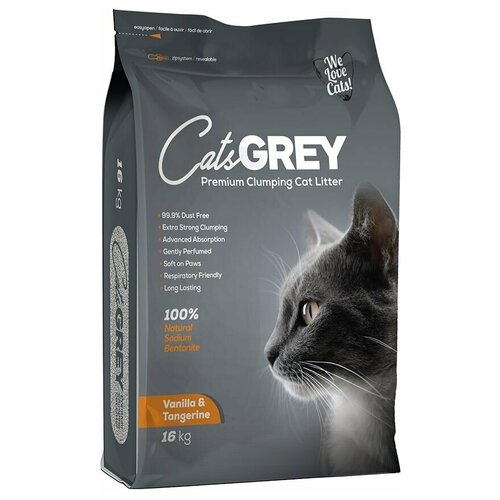 Наполнитель для кошек​ ​​Cat's Grey Vanilla&Tangerine​ комкующийся, с ароматом ванили и танжерина 16 кг cats grey vanilla