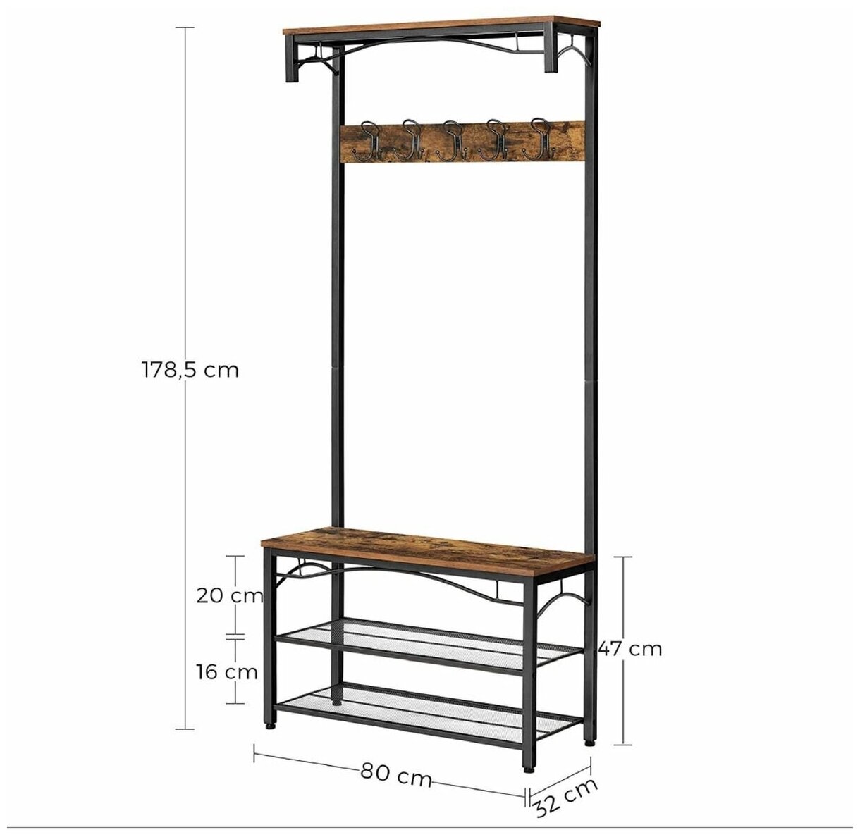 Вешалка напольная 80х178.5 см, Vasagle, металл, полка для обуви, 100 кг, Лофт, HSR45BX, коричнево-черная - фотография № 8