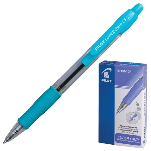 Ручка шариковая масляная автоматическая с грипом PILOT Super Grip, синяя, голубые детали, узел 0,7 мм, линия письма 0,32 мм, 12 шт.