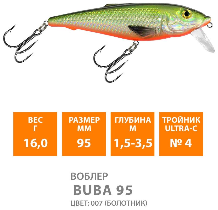 Воблер для рыбалки плавающий AQUA Buba 95mm 16g заглубление от 1.5 до 3,5m цвет 007