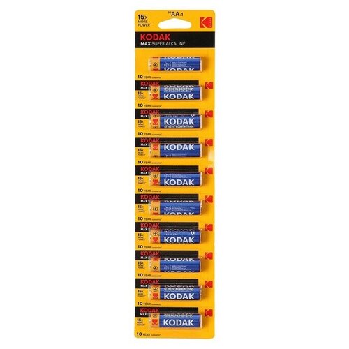Батарейка алкалиновая Kodak Max, AA, LR6-10BL, 1.5В, отрывной блистер, 10 шт. батарейка алкалиновая kodak max aa lr6 4bl 1 5в блистер 4 шт