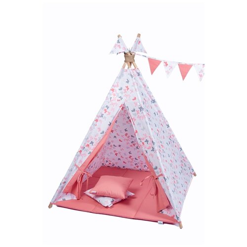 Детская игровая палатка вигвам со стеганным ковриком и двумя декоративными подушками, размер 1100х1100х1600 мм, цв. белый/коралловый