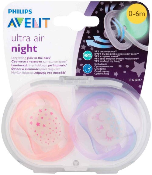 Светящаяся соска-пустышка Philips Avent ultra air night SCF376/12 силиконовая, с футляром для хранения и стерилизации, 0-6 мес, 2 шт