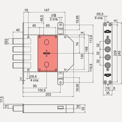 Изображение товара Замок врезной сувальдный Эльбор Сапфир 1.09.06 под тяги, 5 кл. /22442/