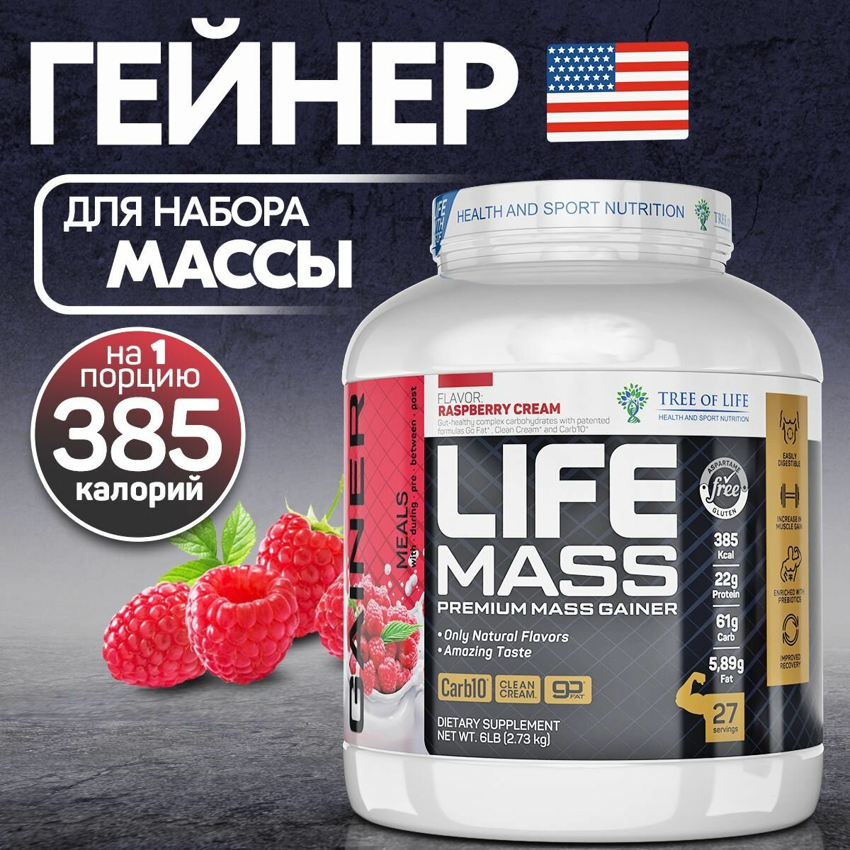 Гейнер для набора массы Life MASS Raspberry Cream 6lb