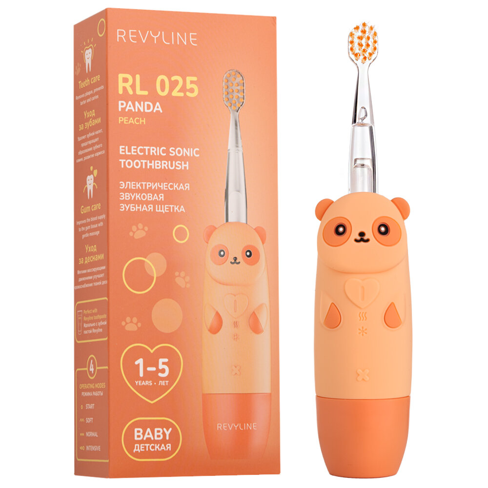 Детская электрическая зубная щётка Revyline RL 025 Panda, персиковая, от 1-5 лет, Ревилайн