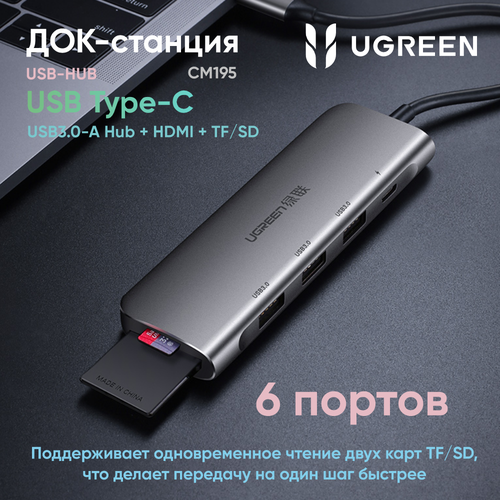 USB-Хаб UGREEN CM195 70410 USB-C to 3 Ports USB30-A Hub HDMI TFSD Цвет серый космос 3350₽