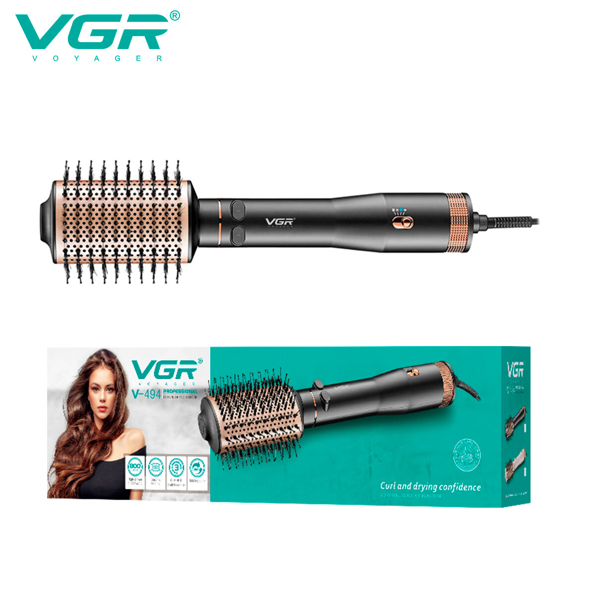 Фен-щетка с вращающейся насадкой для волос профессиональная VGR (черная)