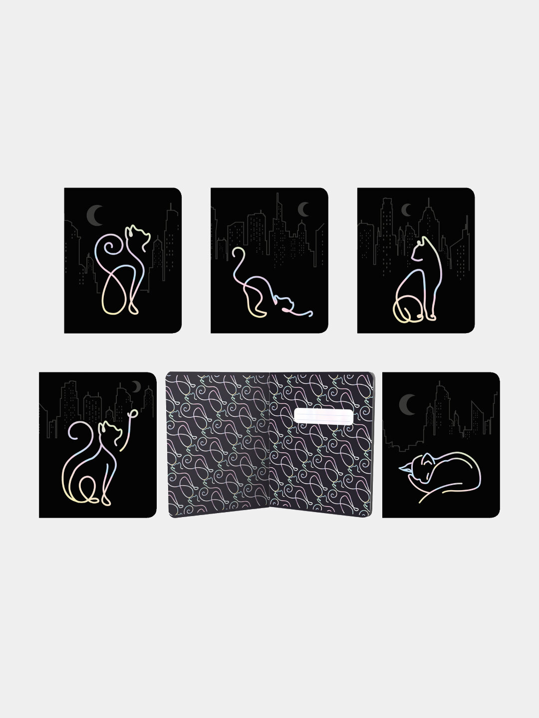 Тетрадь, А5, 48 листов, клетку, Голографические кошки, 5 шт