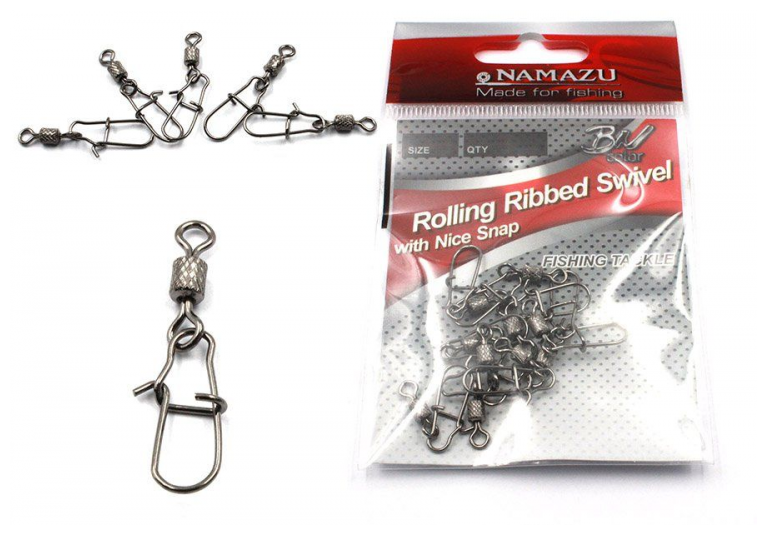 Вертлюг с застежкой Namazu ROLLING RIBBED SWIVEL WITH NICE SNAP, цв. BN, р. 5, test-35 кг, катаный у