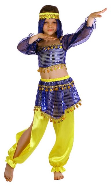 Карнавальный костюм "Восточная красавица. Шахерезада", топ с рукавами, штаны, повязка, цвет сине-жёлтый, р-р 34, рост 134 см