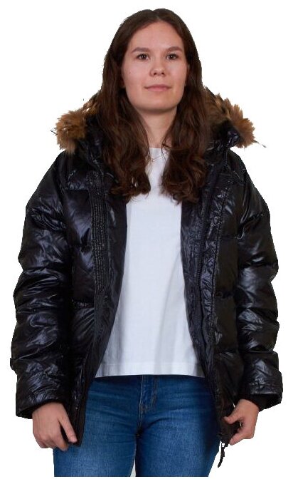 Куртка  зимняя, укороченная, силуэт свободный, водонепроницаемая, отделка мехом, капюшон, размер M, черный