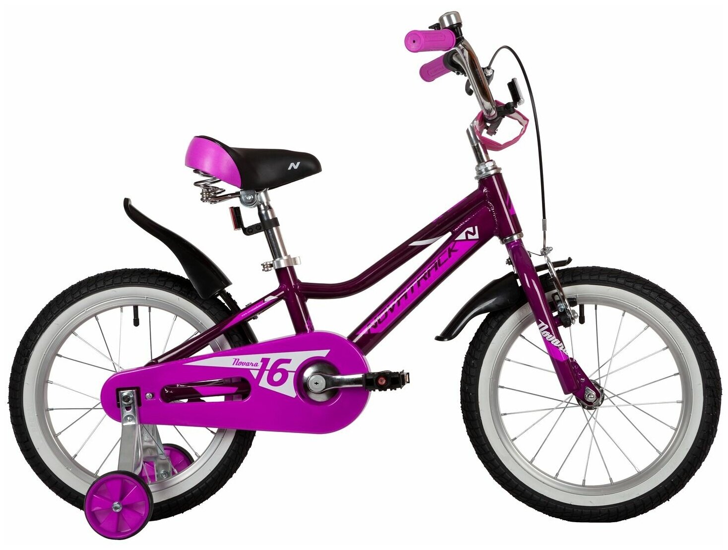 Велосипед NOVATRACK NOVARA 16" (2022) (Велосипед NOVATRACK 16" NOVARA алюм, фиолетовый, пер. руч, зад. нож. тормоз, короткие крылья, полная)