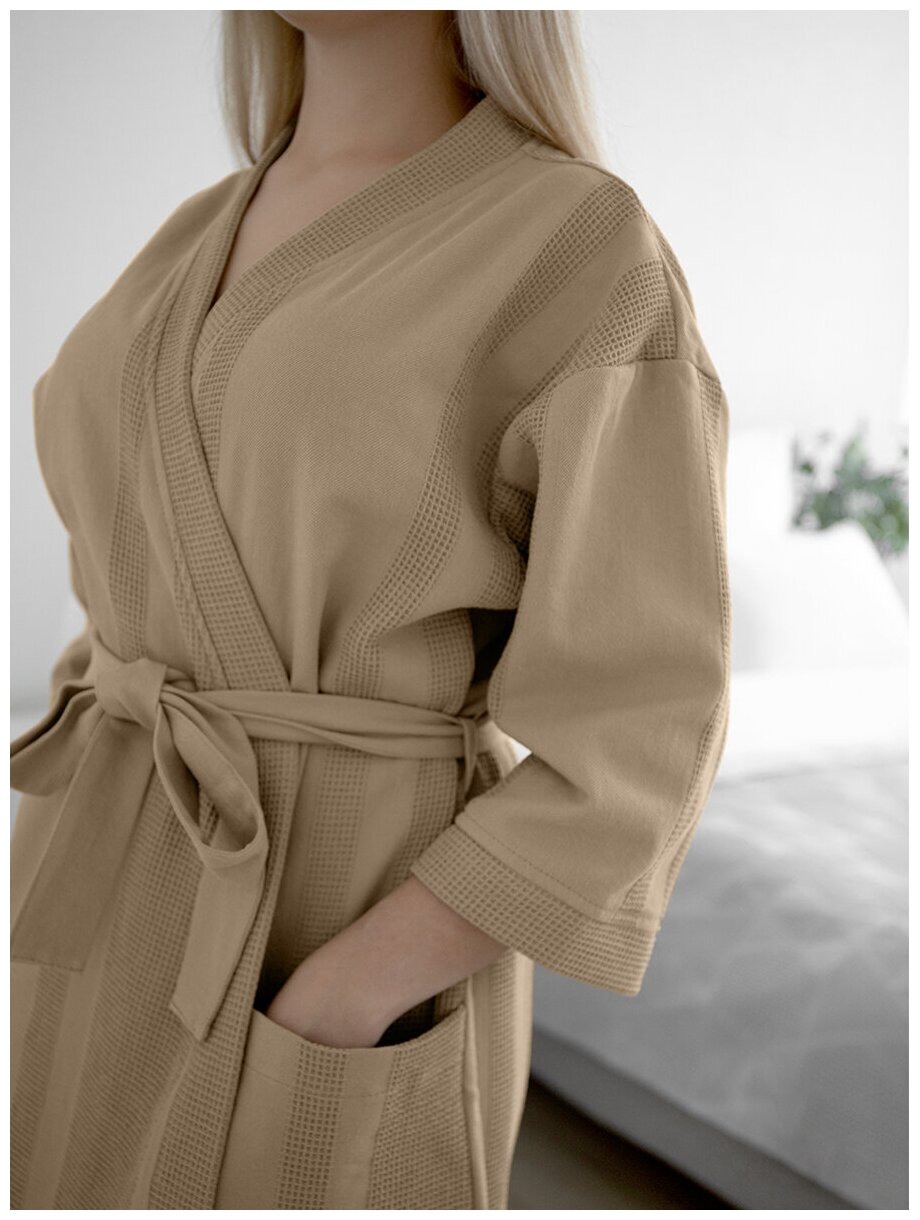 Вафельный халат LOVEME женский домашний и банный, размер XL, длина миди, цвет бежевый (капучино) - фотография № 3