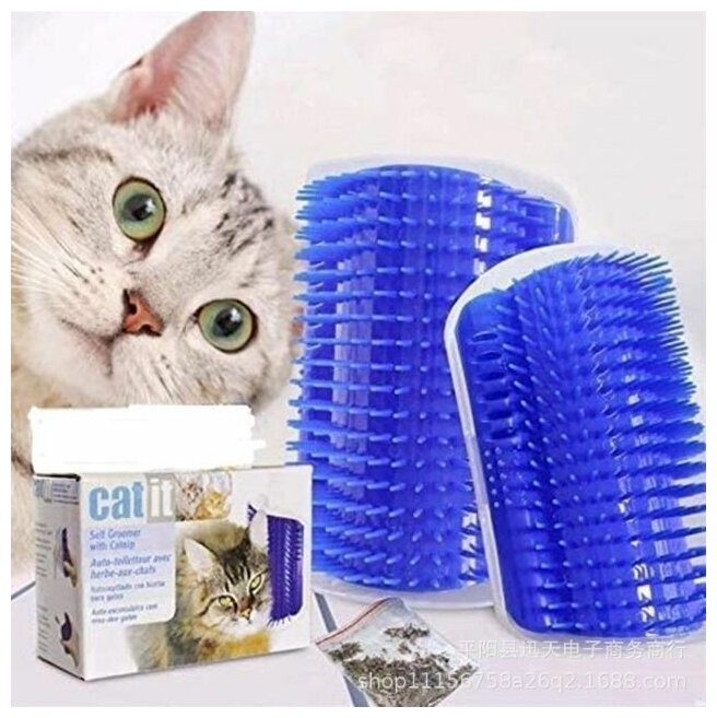 Чесалка для кошек (щетка) угловая, с кошачьей мятой, синий, Universal-Sale - фотография № 1