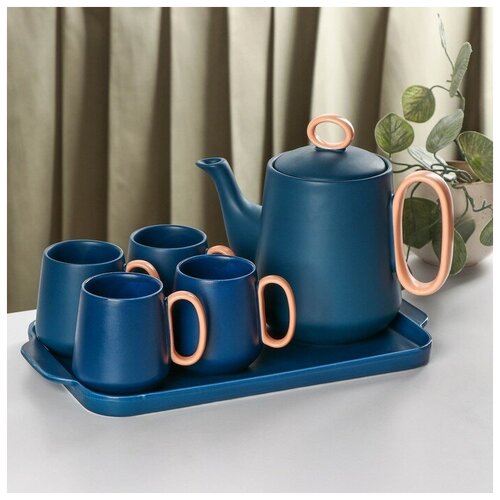 Набор чайный 5 предметов «Краски», чайник 1100 мл, 4 кружки 250 мл, подставка, цвет синий