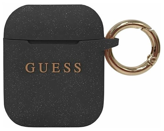 Чехол Guess Silicone с кольцом для Airpods, черный с глиттером