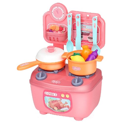 Интерактивная детская кухня, многофункциональный игрушечный гарнитур с набором посуды и продуктами, 28см, розовая кухня в чемодане с набором посуды розовая