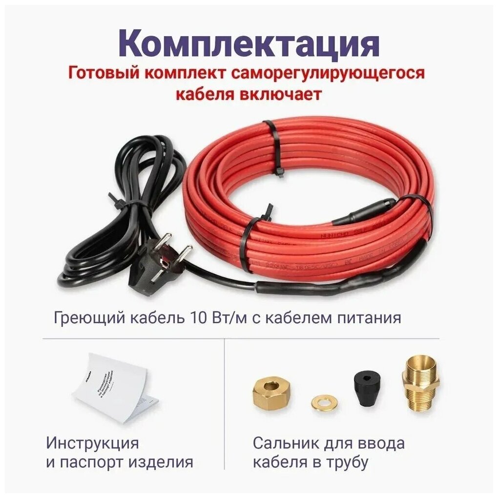 Комплект кабеля для установки внутри трубы 10 Вт/м 2 метра / (С сальниковым узлом 1/2 и 3/4 в комплекте) - фотография № 3