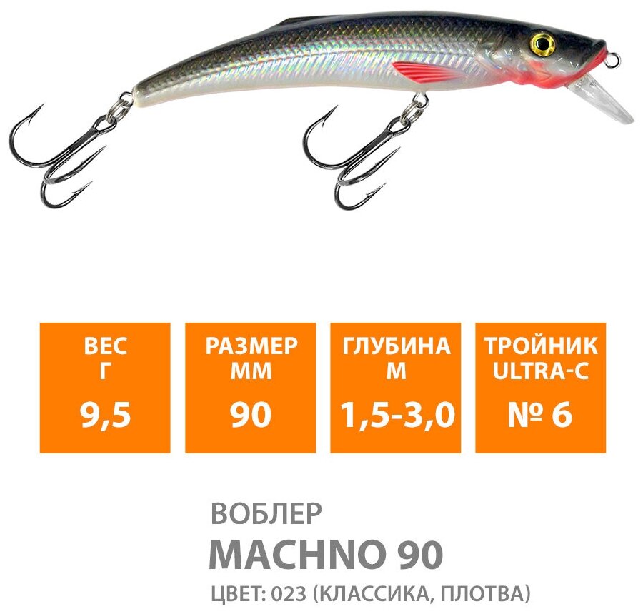 Воблер для рыбалки плавающий AQUA Machno 90mm 9.5g заглубление от 1.5 до 3m цвет 023