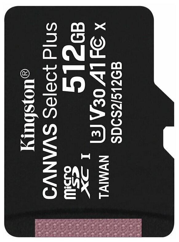 Карта памяти 512Gb - Kingston Canvas Select Plus MicroSDXC UHS-I Class U3 V30 A1 SDCS2/512GBSP