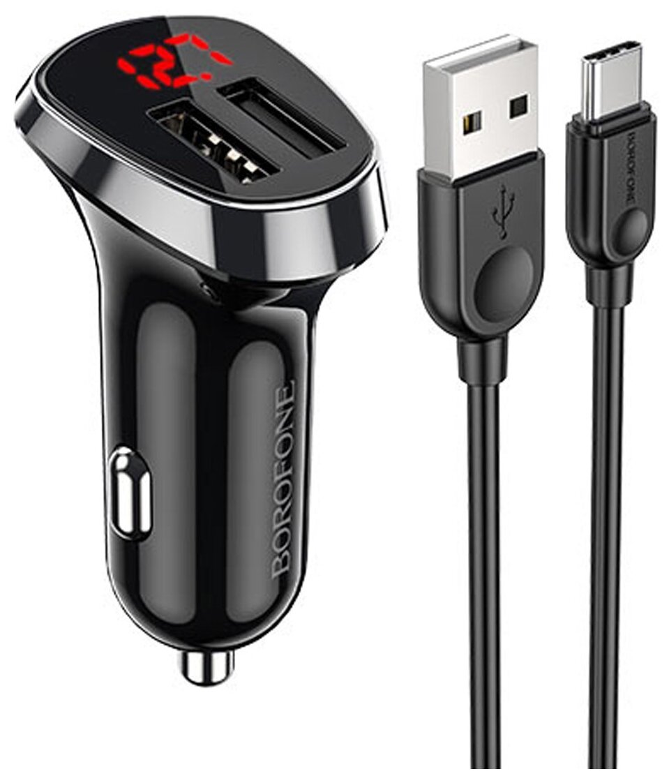 Авто зарядное устройство BOROFONE BZ15 Auspicious 2xUSB LED дисплей + кабель Type-C 1м черный