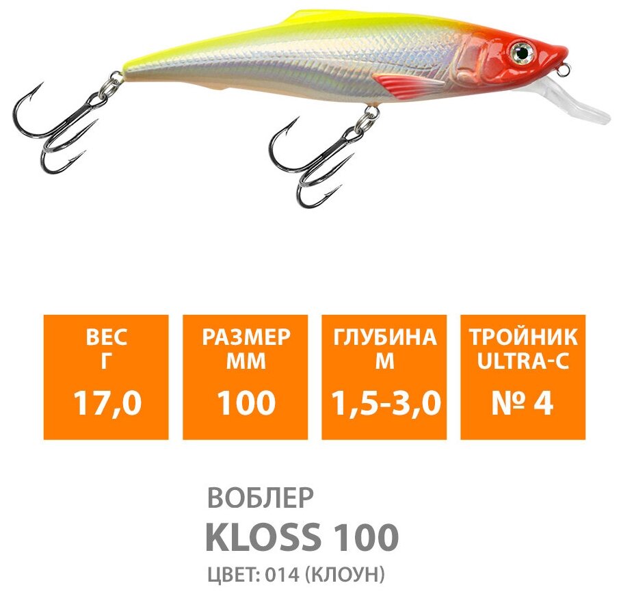 Воблер для рыбалки плавающий AQUA Kloss 100mm 17g заглубление от 1.5 до 3m цвет 014