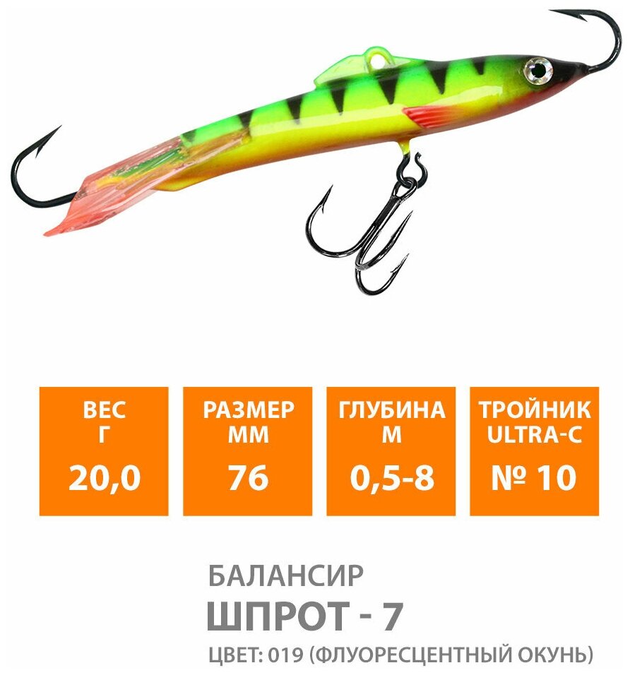 Балансир для зимней рыбалки AQUA Шпрот-7 76mm 20g цвет 019