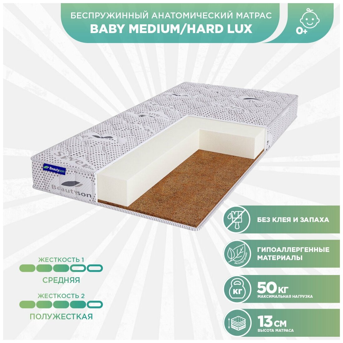 Матрас детский беспружинный Beautyson Baby Medium/Hard LUX 70x160 (Белый), без клея и запаха