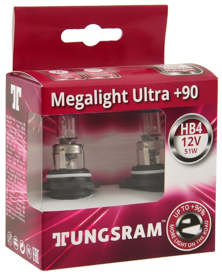 Лампы галогенные TUNGSRAM MEGALIGHT ULTRA+90 12V HB4 51W 2 шт 9006SXU B2