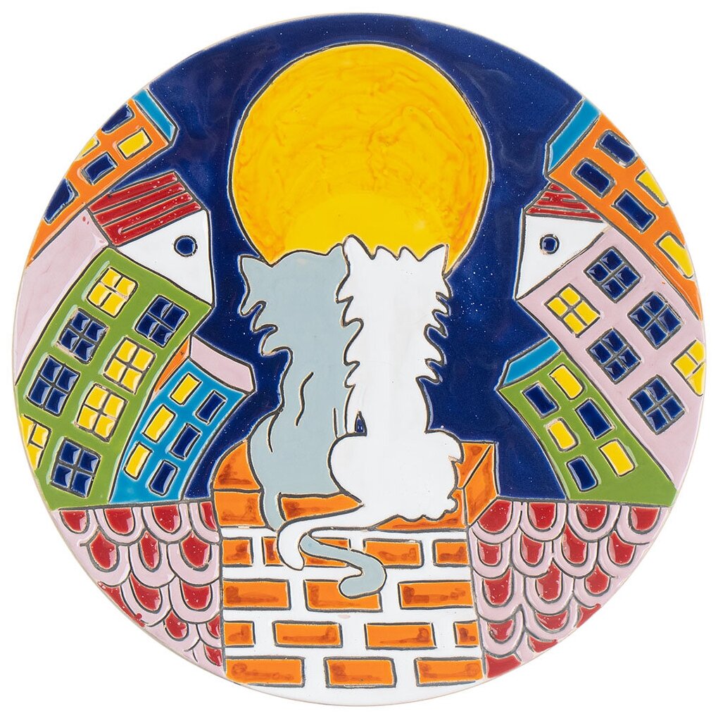 Тарелка панно сувенирная керамическая декоративная КМ Ариадна Коты на крыше авторской ручной работы (КМ Ариадна)