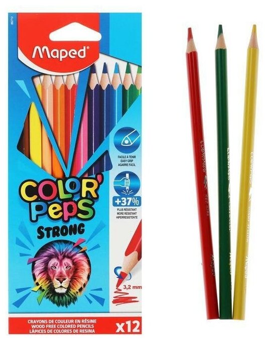 Карандаши 12 цветов, Maped Color Peps Strong, пластиковые, повышенной прочности, европодвес