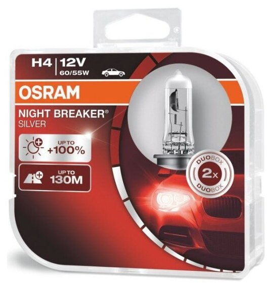 Лампа галогенная Osram H4 60/55W P43t+100% Night Breaker Silver, 2шт, 12V, 64193NBS2