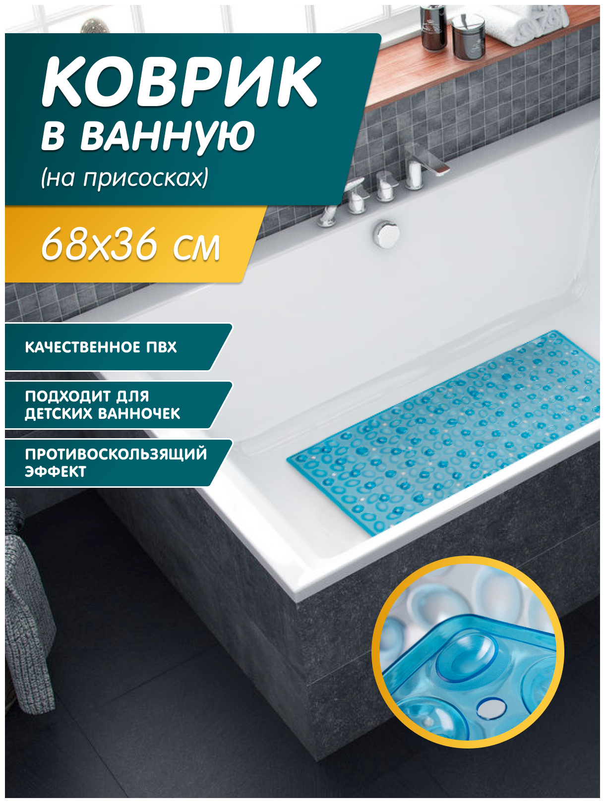 Коврик для ванной и для душевой кабины пвх на присосках размер 68х36 см прямоугольный, голубой