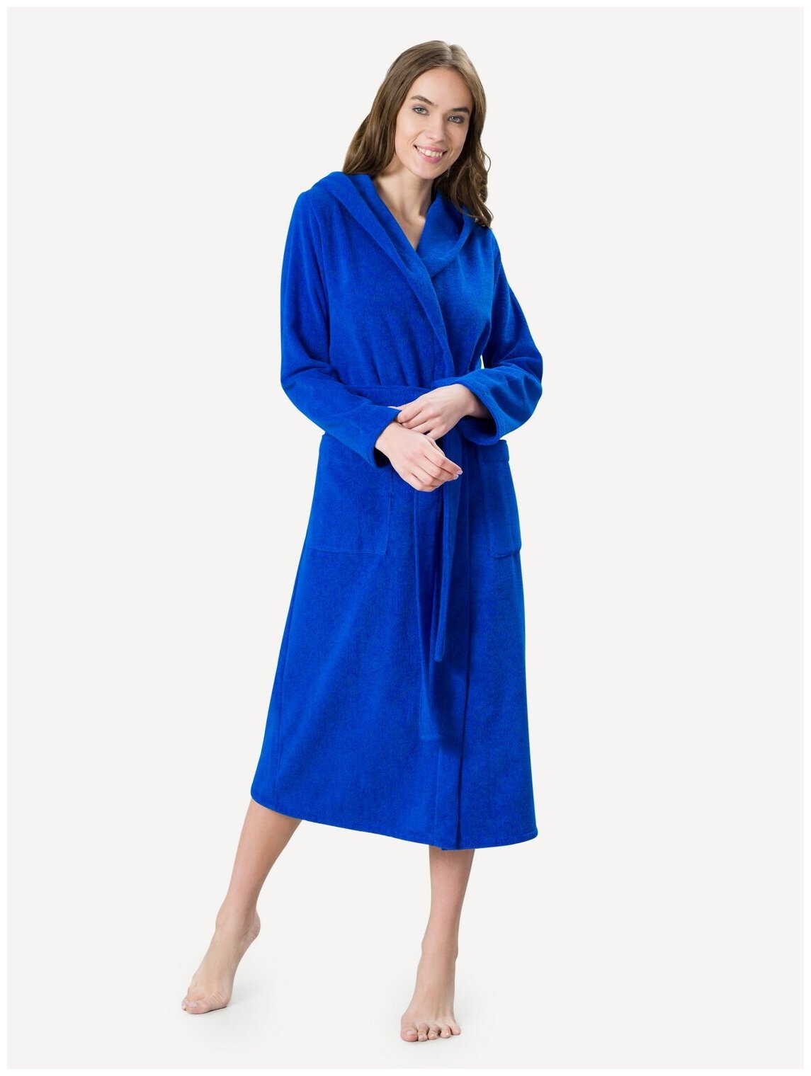 Женский халат с капюшоном, синий - фотография № 1