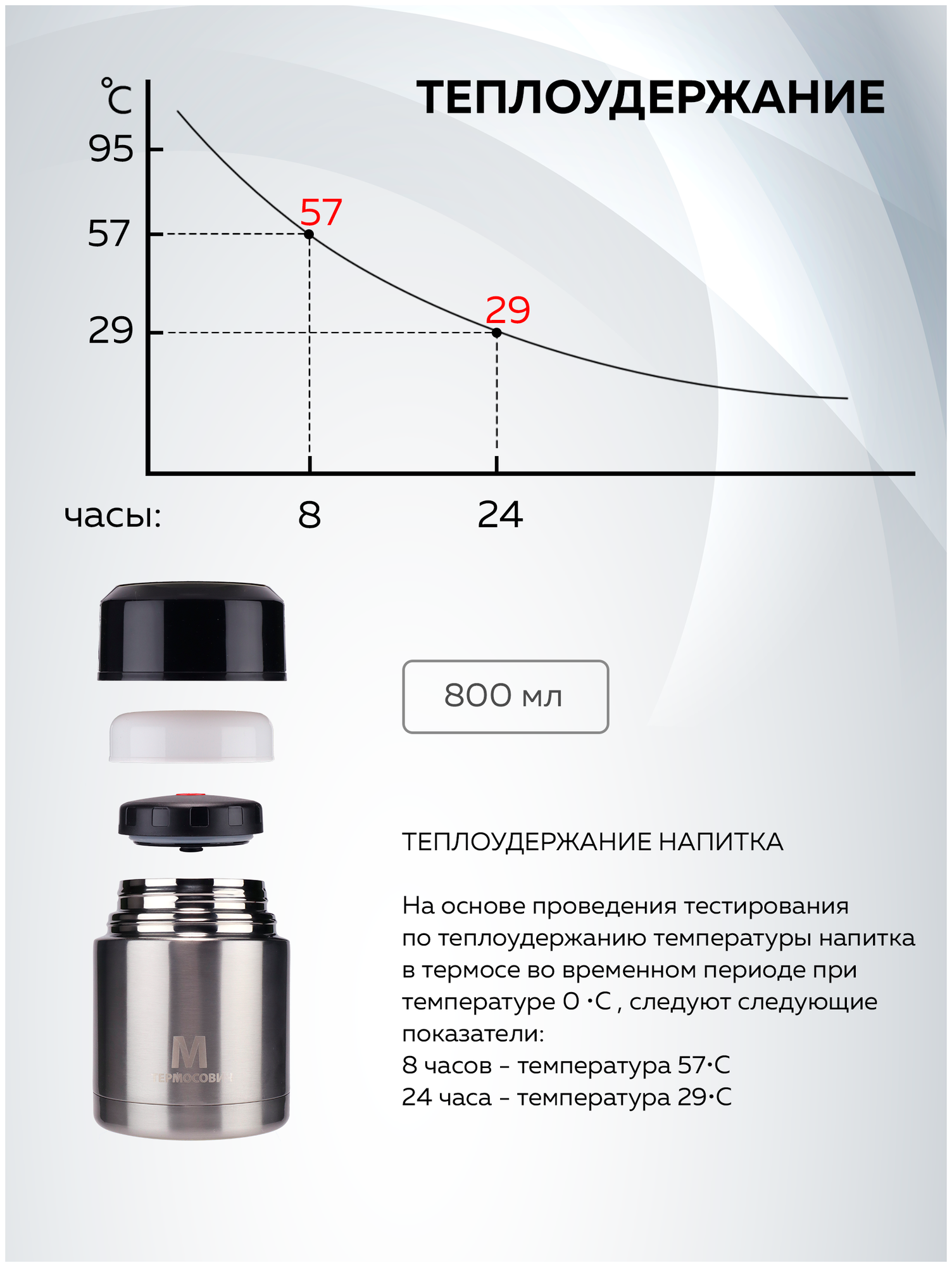 Термос для еды, Термосович, TRMS120, 0,8 л, вакуумный, с широким горлом, дополнительная чашка, для чая, серебристый - фотография № 9